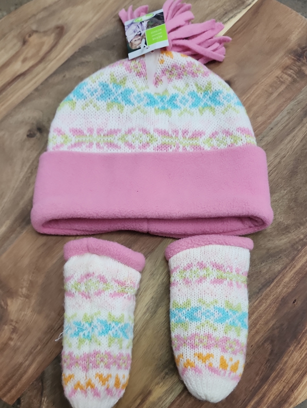 Infant Pink Fair Isle Fleece-Lined Winter Hat & Mittens Set - TLC/Read Info